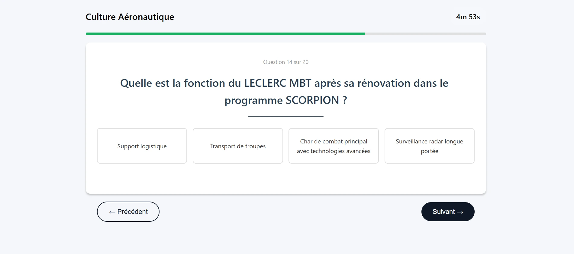 Question 14 sur 20 : fonction du char LECLERC rénové dans le programme SCORPION, quatre propositions