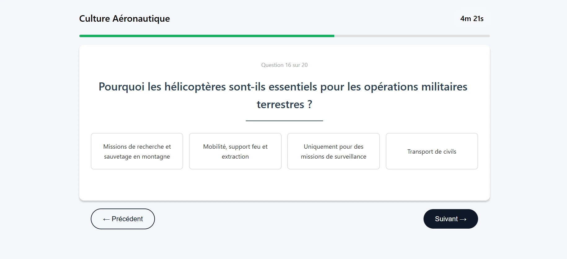 Question 16 sur 20 : pourquoi les hélicoptères sont essentiels aux opérations militaires terrestres, quatre propositions