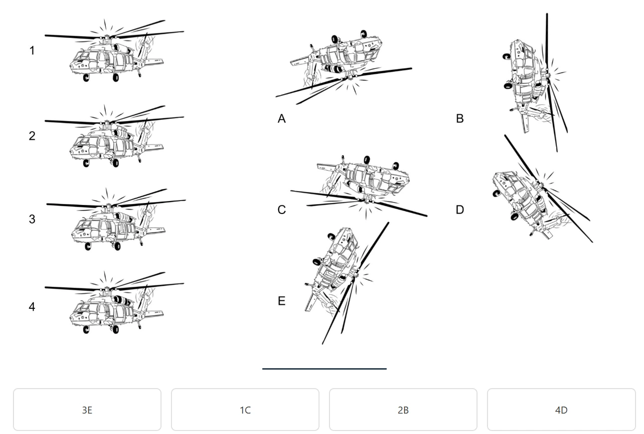 Question du test des différences : quatre schémas d'hélicoptère de manoeuvre numérotés à gauche, cinq lettrés à droite, quatre associations proposées