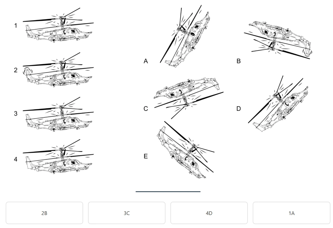Question du test des différences sur un hélicoptère à rotors coaxiaux, avec quatre associations proposées