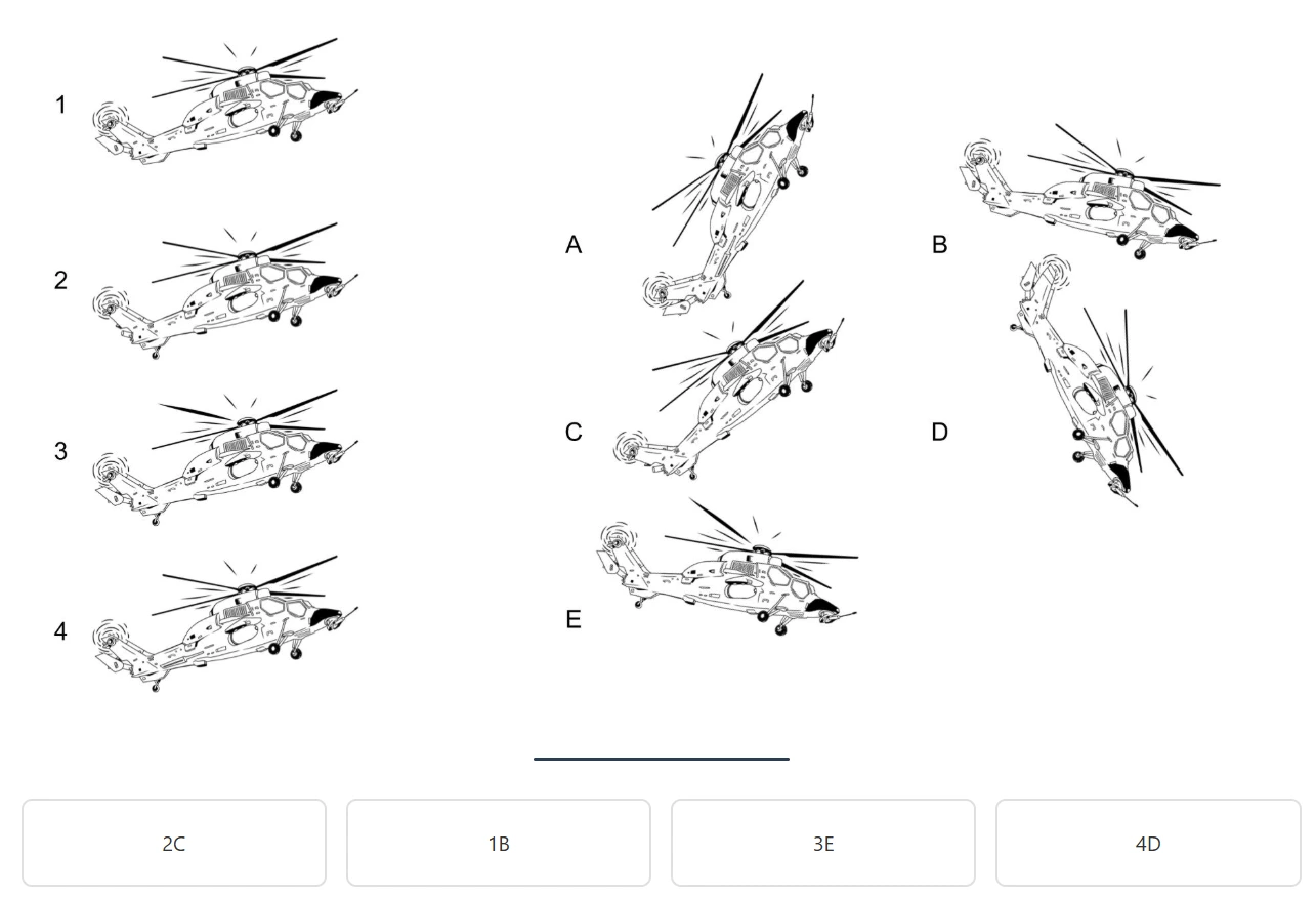 Question du test des différences sur un hélicoptère d'attaque, avec quatre associations proposées