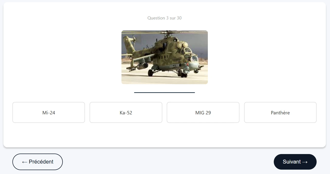 Question 3 sur 30 : hélicoptère d'attaque au sol, quatre propositions dont Mi-24