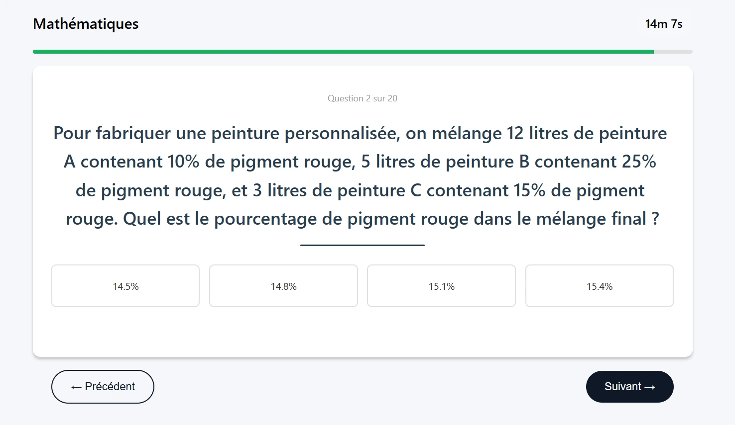 Question 2 sur 20 : pourcentage de pigment rouge dans un mélange de trois peintures, quatre propositions