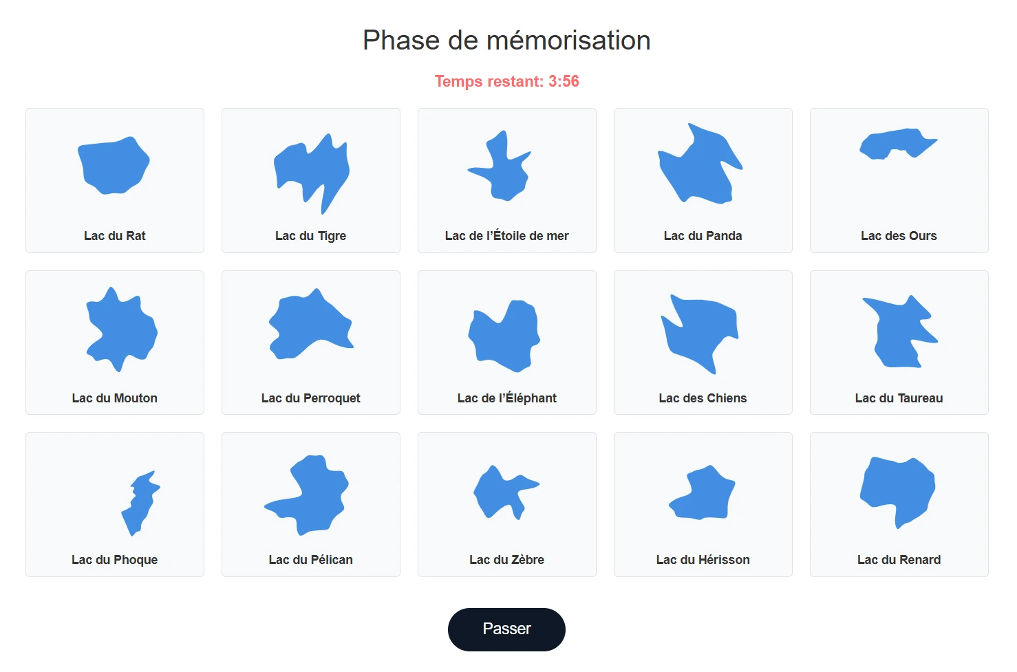 Phase de mémorisation, thème des lacs : quinze formes bleues nommées, minuteur à 3:56