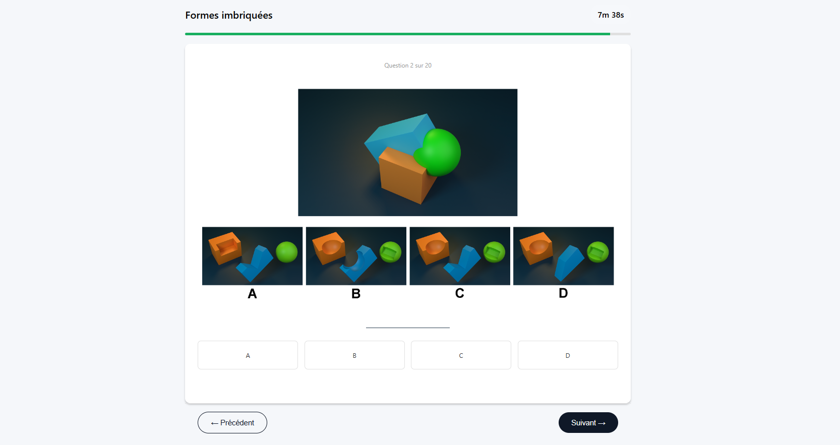 Question 2 sur 20 : un assemblage de cube orange, prisme bleu et sphère verte, avec quatre jeux de pièces désassemblées au choix