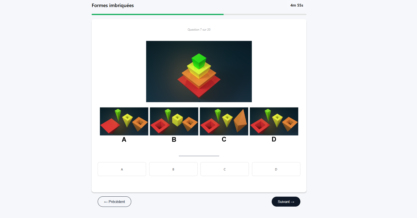 Question 7 sur 20 : une pyramide à étages rouge, orange, jaune et verte, avec quatre jeux de pièces désassemblées au choix