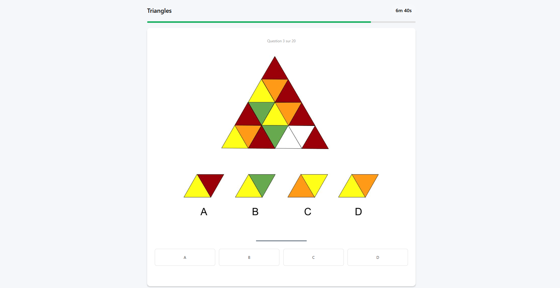 Question 3 sur 20 : figure de triangles bordeaux, orange, jaunes et verts, deux cases blanches à compléter parmi quatre propositions