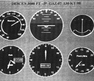 Les six cadrans du SEPIA sous la ligne d'instruction en cours : descente 3000 ft, -5 degrés, gaz 07, 130 kt, rotacteur 98