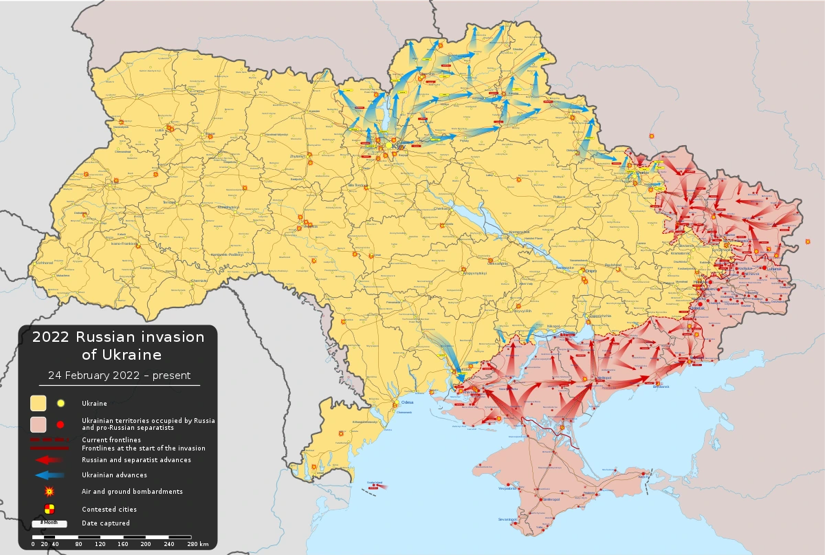 Carte du conflit entre l'Ukraine et la Russie