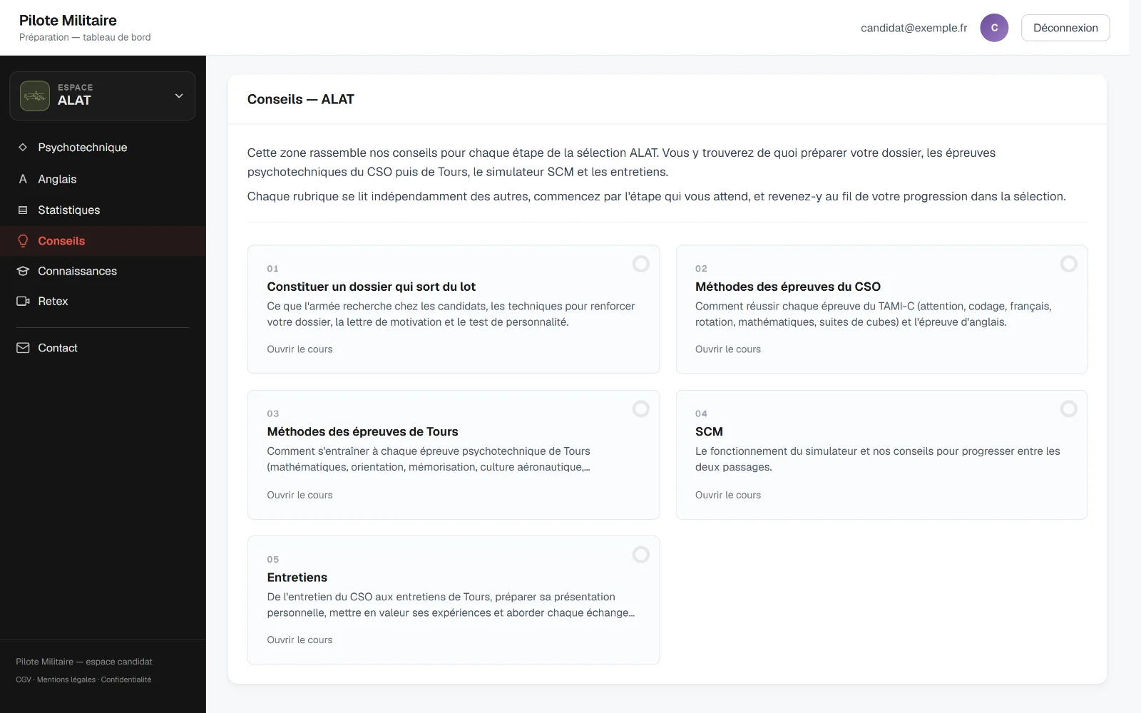 Le hub Conseils de l’espace ALAT : une carte par rubrique