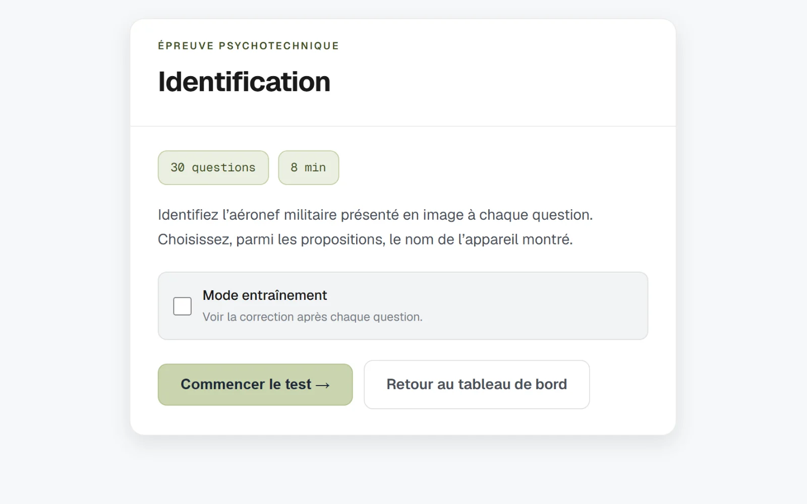 L'écran de lancement d'une épreuve : nombre de questions, durée et mode entraînement