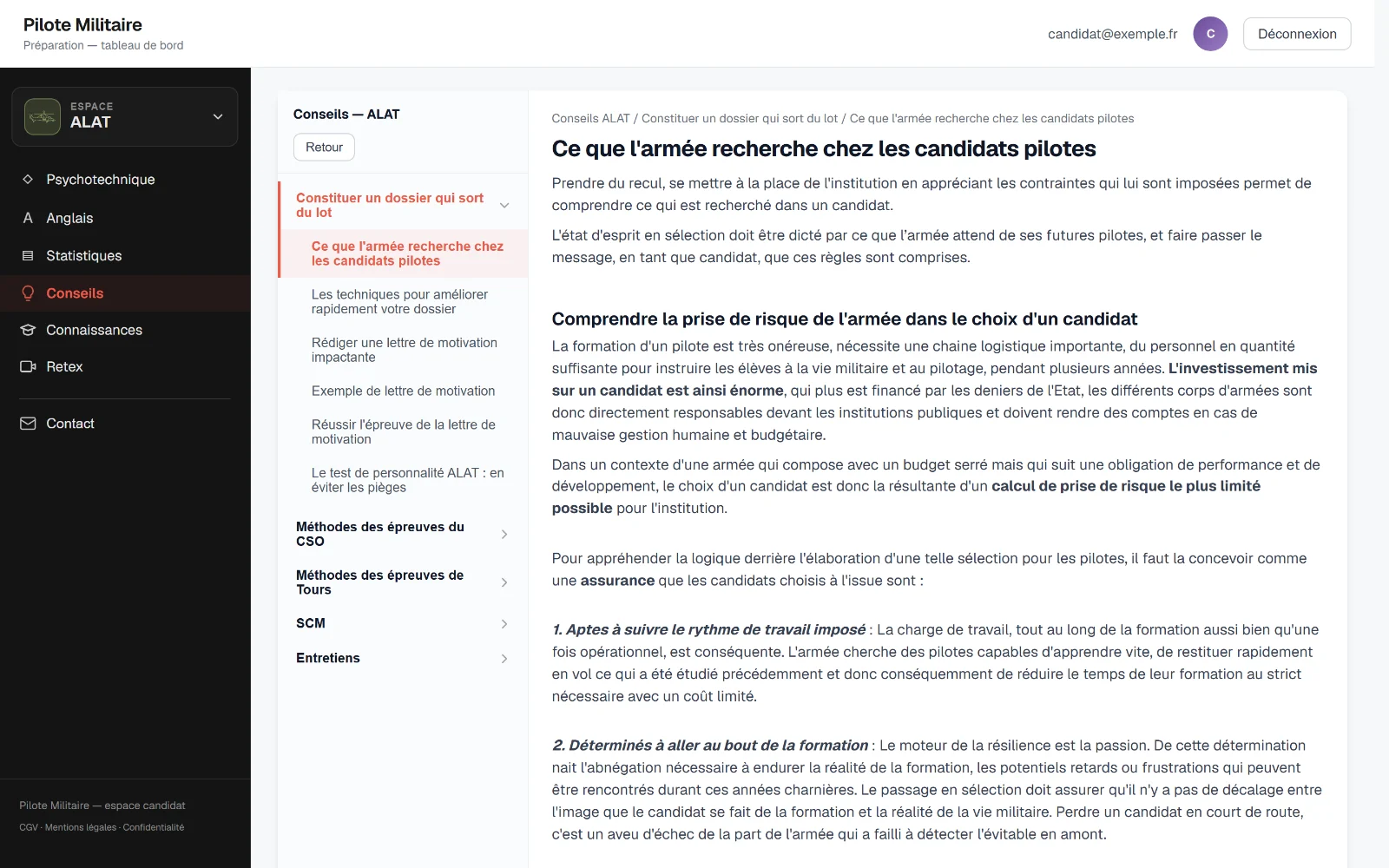 Une leçon guidée ouverte dans le lecteur, sommaire de la zone à gauche