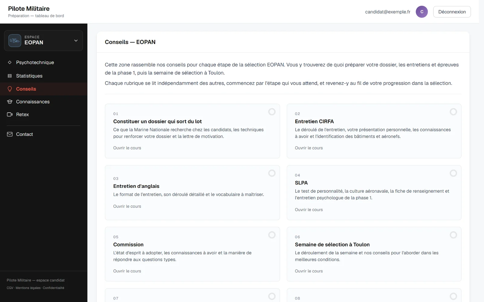 Le hub Conseils de l’espace EOPAN : une carte par rubrique