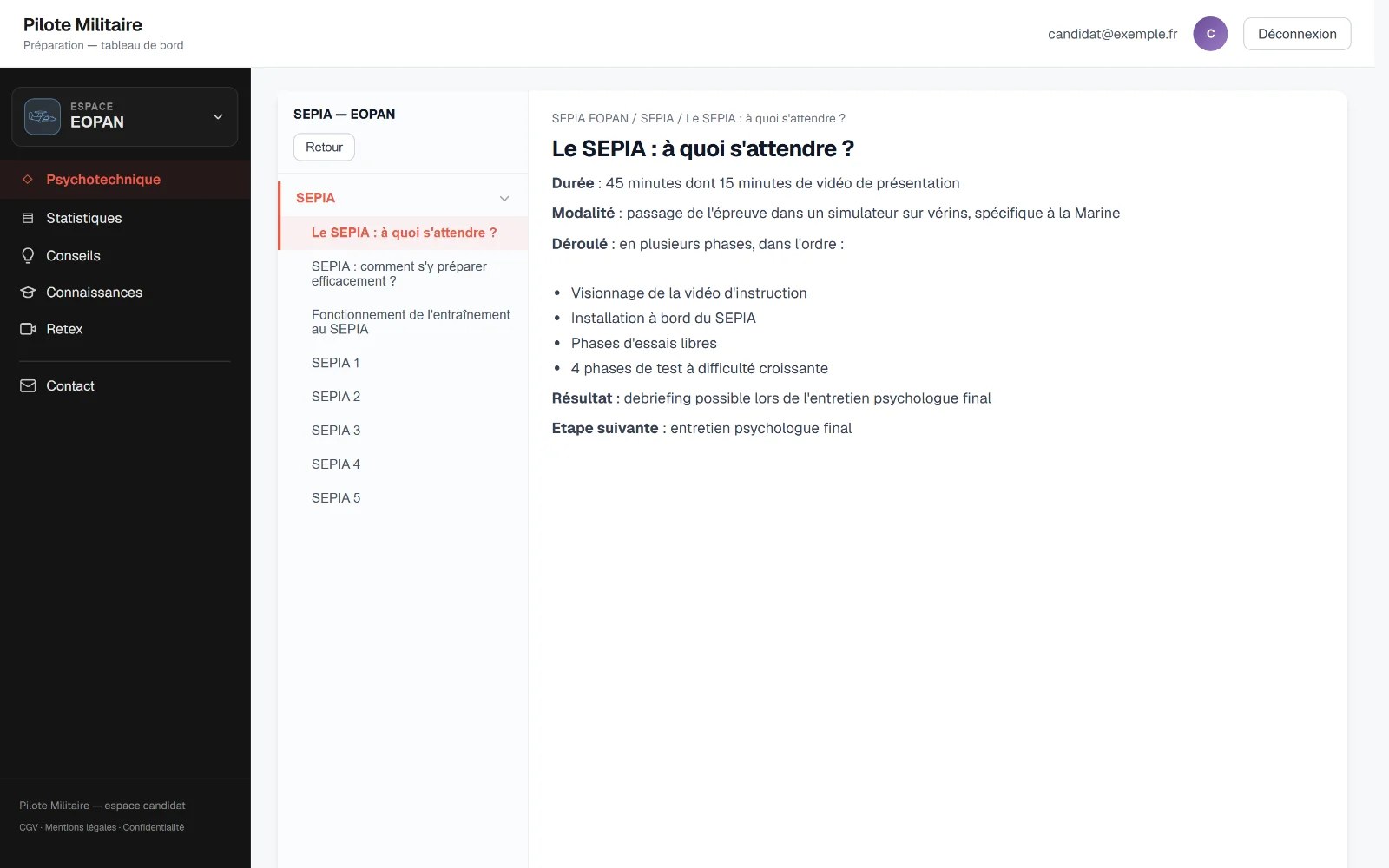 La section SEPIA ouverte dans le lecteur : pages d’explication puis vidéos d’entraînement