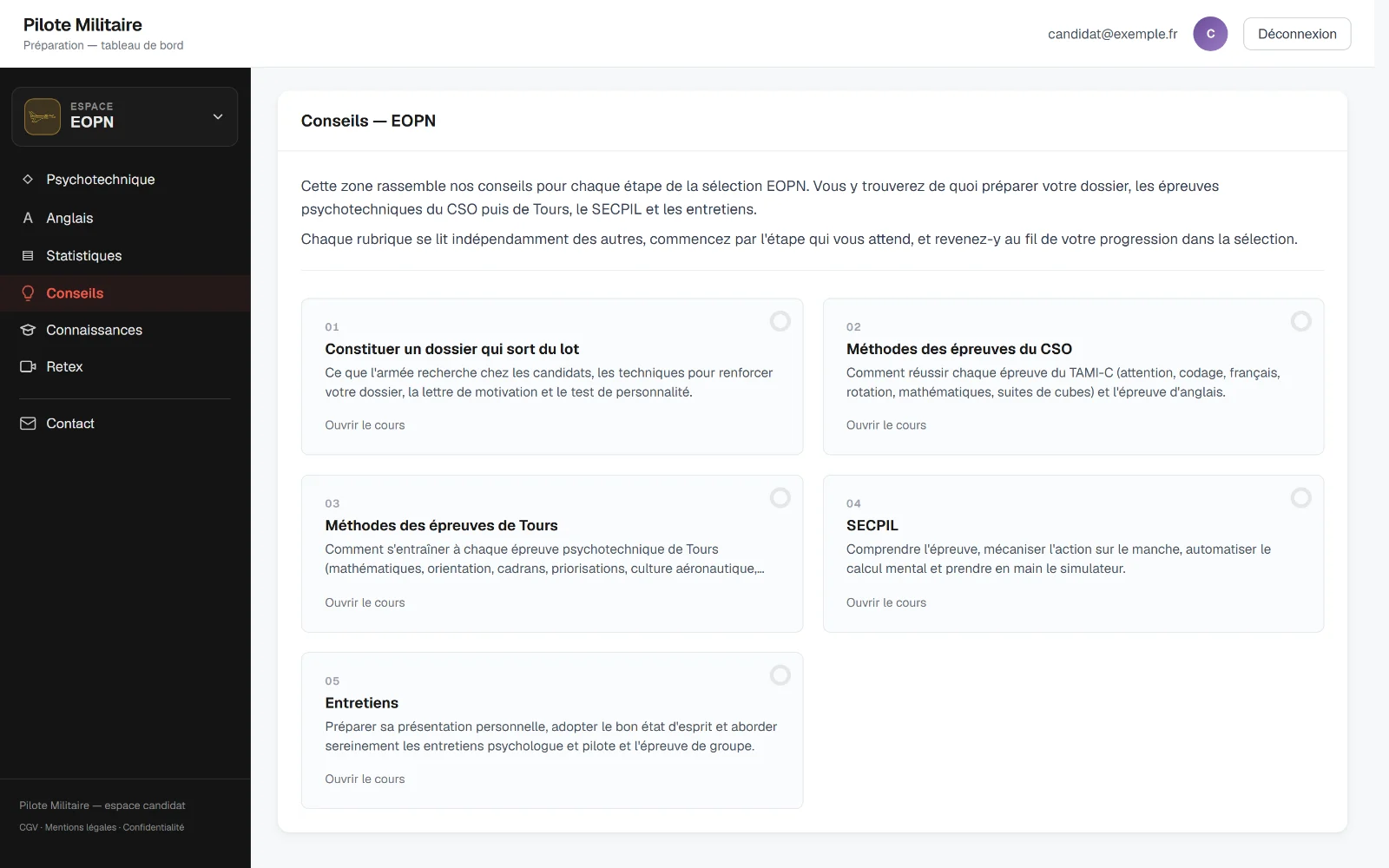 Le hub Conseils de l’espace EOPN : une carte par rubrique