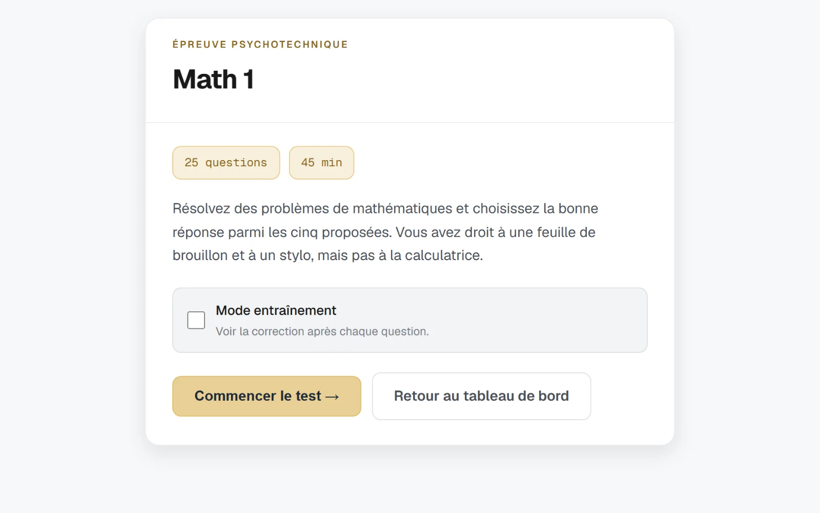 L'écran de lancement d'une épreuve : nombre de questions, durée et mode entraînement